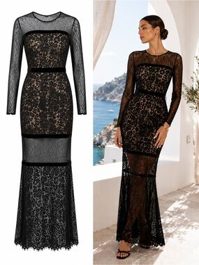 Marciano Black Lace Illusion Maxi Gown Sheer Panel Formal Dress Size Small